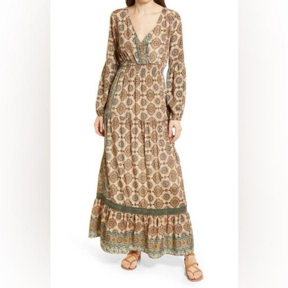 RAGA Kasi Long Sleeve Ruffle Maxi Dress Mandala Lace Smocked Boho